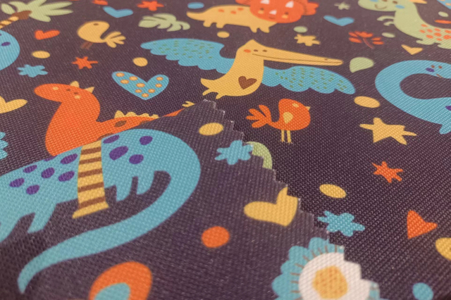 Printed RPET 600D oxford polyester fabric.